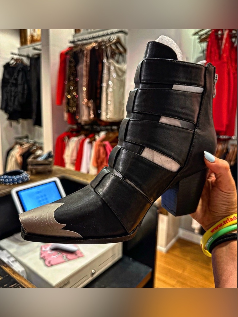 Black Western-Inspired Strappy Block Heel Ankle Boot